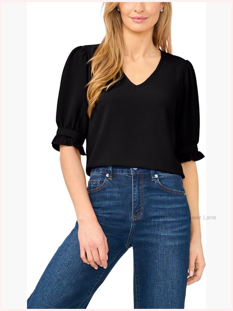Women's V-Neck Blouse With Ruffle Cuffs Elbow Sleeves